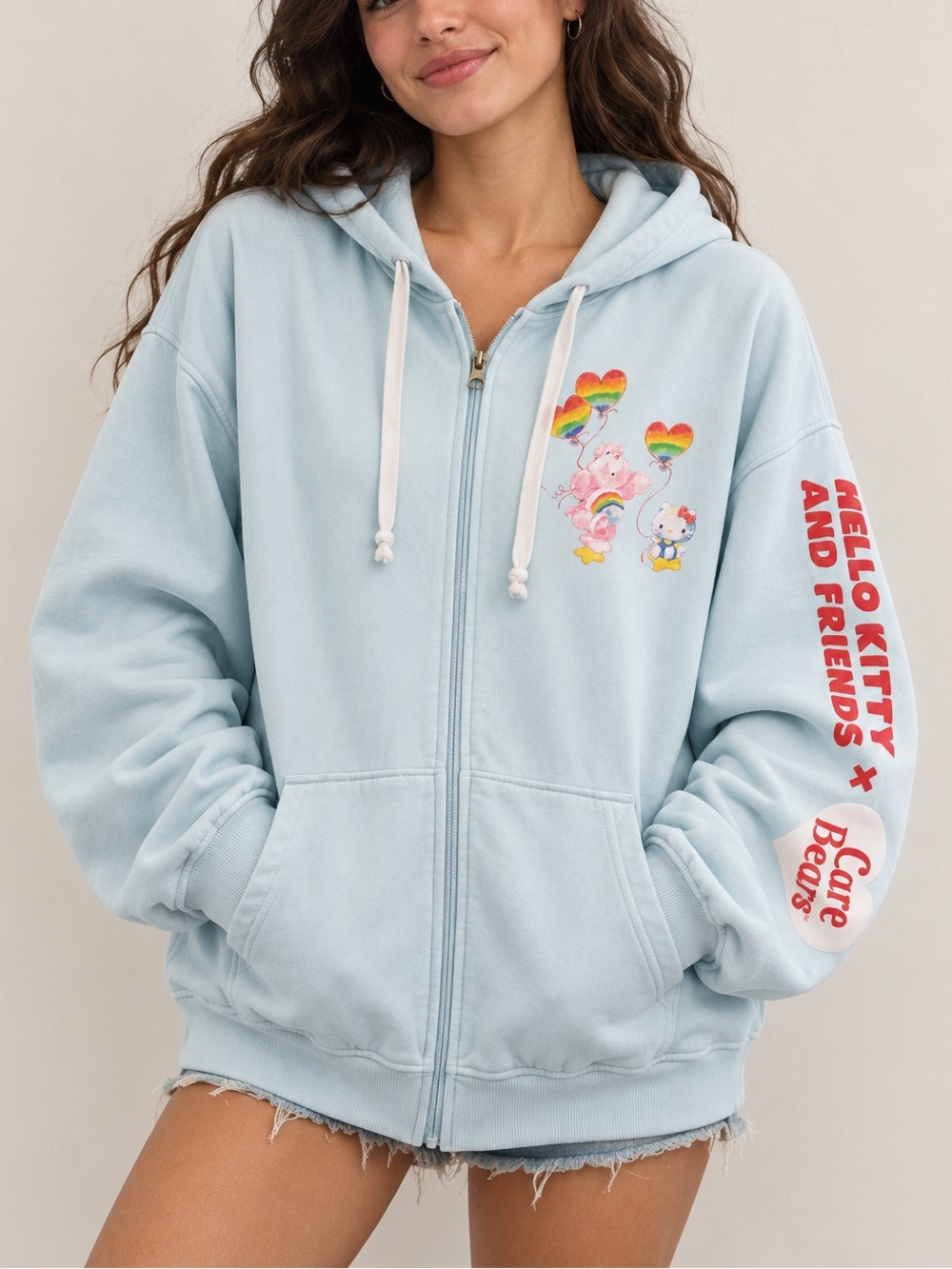 Hello Kitty x Care Bears Zip Hoodie XL Blue Sanrio Rainbow Graphic Kawaii Y2K